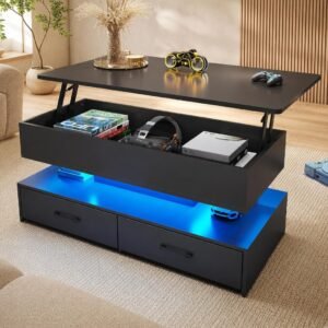 EZ-U 35.4 Inch Square Lift Top Coffee Table with Storage and Charging Station, Modern 2-Tier Coffee Table with Hidden Compartment Wood Grain Center Table for Living Room and Home Office Black