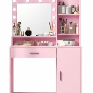EZ-U Pink Vanity Desk with Mirror and Lights Makeup Vanity Table with 12 LED Bulbs 3 Color Modes Large Drawer Storage Cabinet and Shelves for Bedroom Girls and Women
