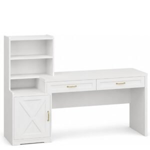 EZ-U 60 Inch Home Office Desk with Bookshelf and Storage White Computer Desk with 2 Drawers Cabinet and Adjustable Shelf Large Writing Workstation for Bedroom and Study