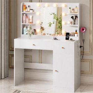 EZ-U White Vanity Desk with Lighted Mirror 35.4 Inch Makeup Table with 10 Dimmable Bulbs 3 Lighting Modes Charging Station Drawers Cabinet 8 Shelves and Hair Dryer Holder