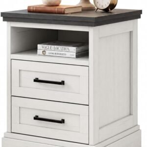 EZ-U Farmhouse Nightstand with Charging Station 24 Inch Bedside Table with 2 Drawers and Open Shelf Wood End Table with 2 AC Outlets USB and Type-C Port for Bedroom Living Room White