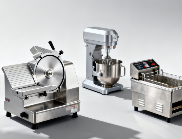 jimeng-2025-10-19-8818-高级简洁的工业风，不锈钢商用厨房设备组合场景，构图采用三分法，主体设备（切片机、...(1)